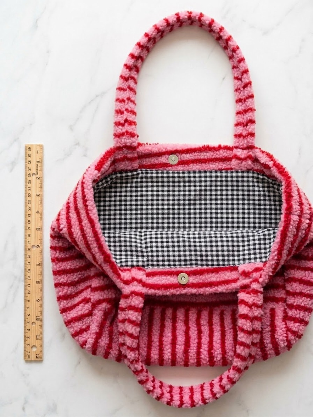 Pink Striped Plush Tote Bag - Soft Everyday Handbag